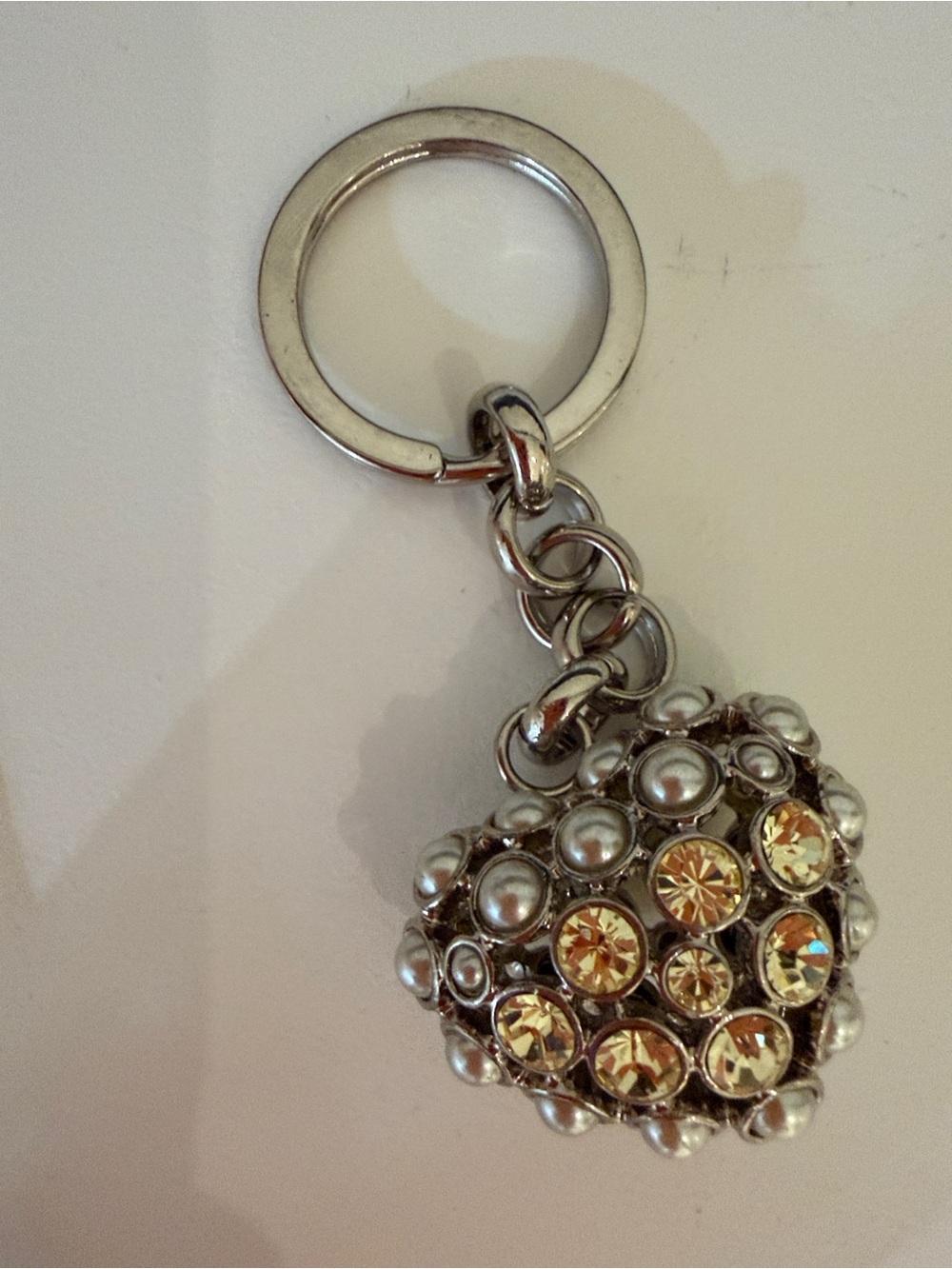 Kalifano Silver Tone Heart Keychain with Pearls and Amber Crystals